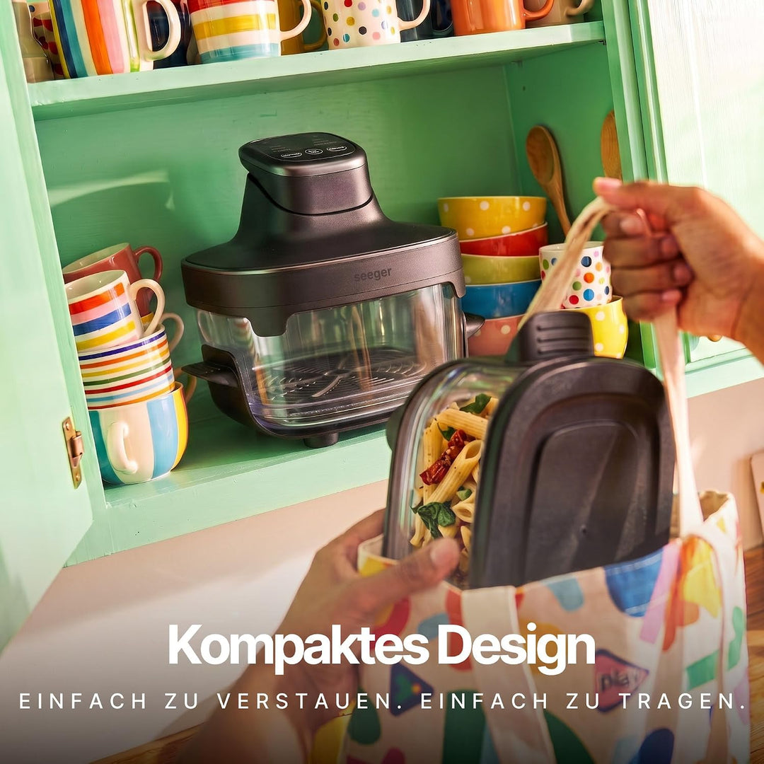 Seeger ClearFry Glas Heissluftfritteuse mit 6 Zubereitungsfunktionen | PFAS-Frei, 2 Glasbehälter (4.