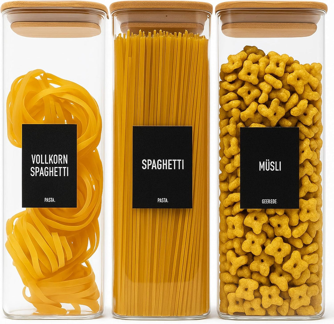 Deco haus® Spaghetti Aufbewahrung 3er Set Eckig - Vorratsgläser mit Deckel + Etiketten [LUFTDICHT] -