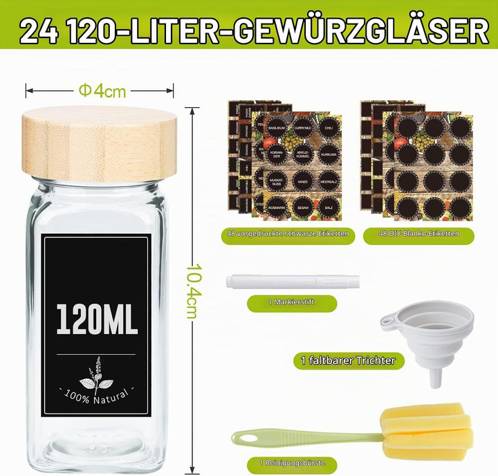 Gewürzgläser Eckig 24er Set 120ml, Gewürzdosen mit Streueinsatz, luftdichtem Schraubdeckel, Inkl. Tr
