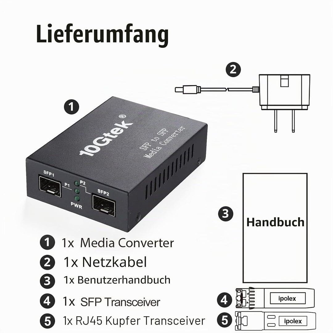 ipolex SFP+ Medienkonverter G0200-SFP (Kit #31), 10GBase-T Reichweite 30 Meter, SFP+ SR Modul, 300 m