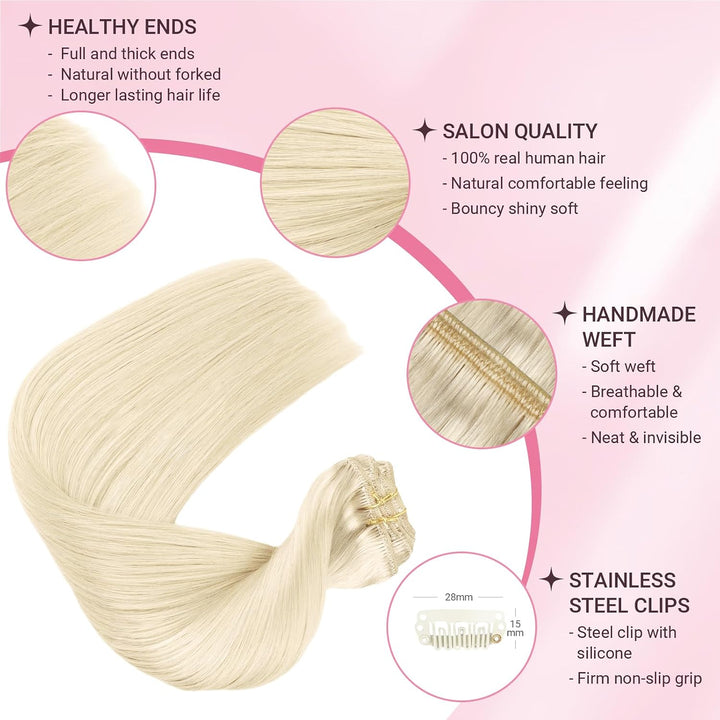 MAXITA Echthaar Extensions Clip, 40cm 16 Zoll 120g 7 Stück Platinblond Clip in Extensions Echthaar N