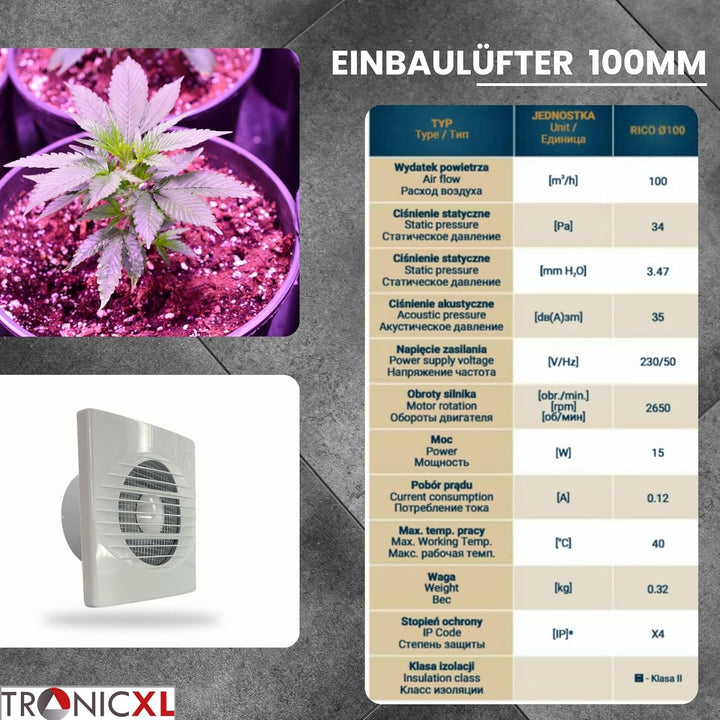 IPX4 15W 100mm Abluft Zuluft Grow Lüfter Ventilator für Homebox mit Fliegengitter Growbox Growschran