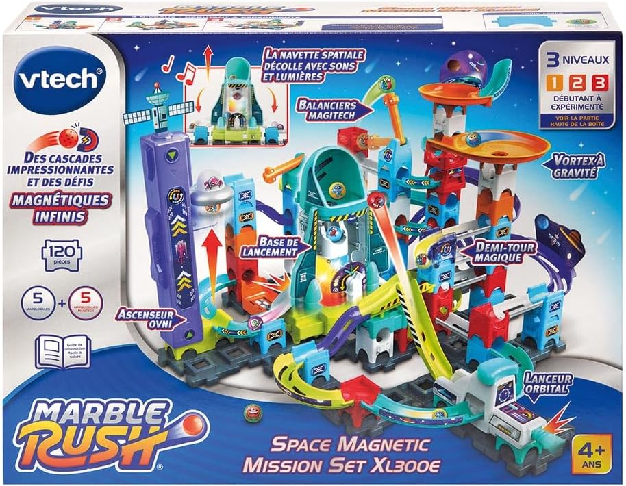 VTech - Marble Rush, Elektronische Kugelbahn, Space Magnetic Mission Set XL300E, magnetisches Bauspi