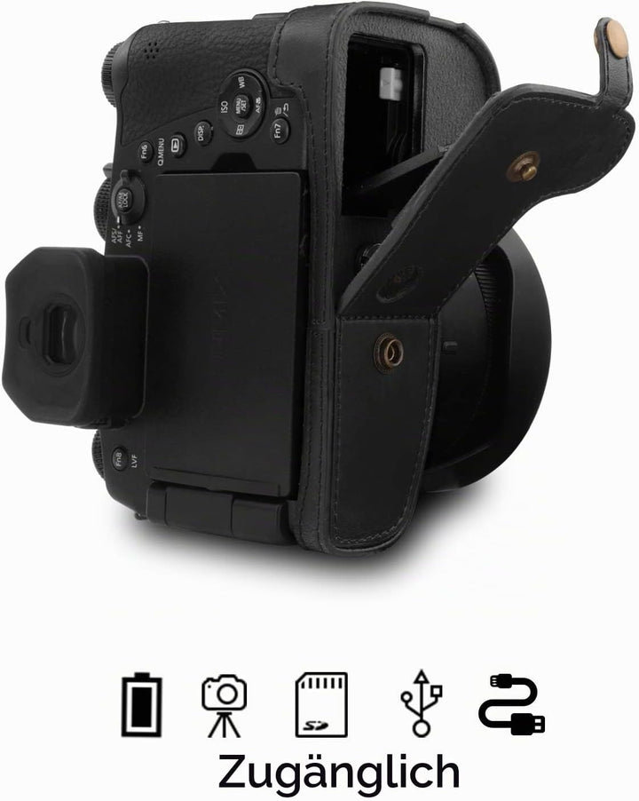 MegaGear MG1678 Ever Ready Leder Kameratasche mit Trageriemen kompatibel mit Leica V-Lux 5, Panasoni