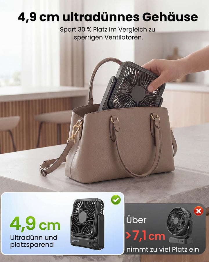 WOWDSGN Tischventilator USB 𝐦𝐢𝐭 𝐒𝐭𝐚𝐫𝐤𝐞𝐦 𝐌𝐚𝐠𝐧𝐞𝐭𝐟𝐮ss &amp; LED-Display, 𝟓𝟎𝟎𝟎𝐦𝐀𝐡 𝐀𝐤𝐤𝐮 Ventilator tragbar, 𝟒