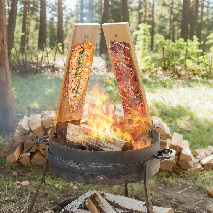 onlyfire Flammlachsbrett, 2er Set Flammlachsbretter mit 4-Fach Verstellbare Edelstahl-Halterung, Gri