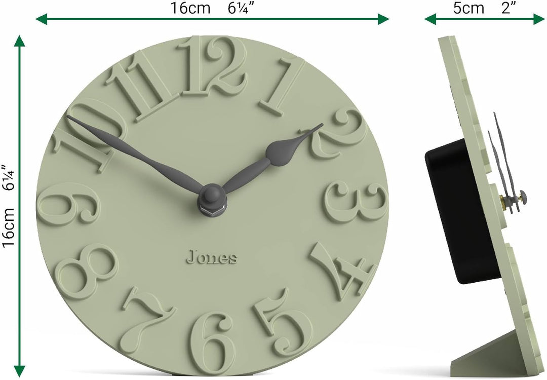 JONES CLOCKS® Hampstead Schreibtischuhr | Freistehend | Salbeigrün | Elegante erhöhte, geformte ziff