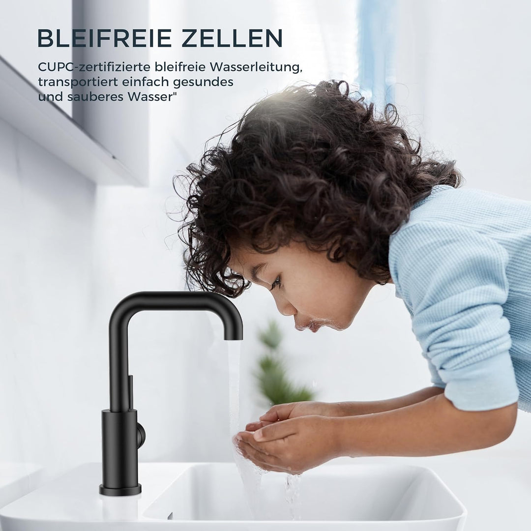 FORIOUS Wasserhahn Bad Schwarz 360° Drehbar, Waschtischarmatur Schwarz Hoch Warm/Kaltwasser Edelstah