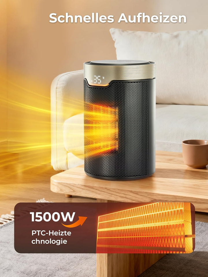 Heizlüfter Energiesparend, 1500W PTC Keramik Elektrischer Heizlüfter mit Thermostat, ECO-Modus, Leis