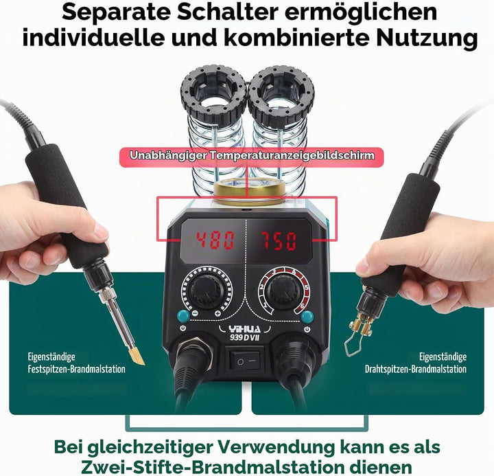 YIHUA 939D-VII brandmalerei-Werkzeug Holzbrennstift-Set Station 2-in-1 Solid-Point 200-480°C (mit Te