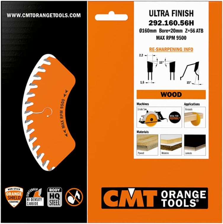 CMT Orange Tools Kreissägeblatt Feinschnitt HW 160 x 2,2 / 1,6 x 20 Z=56 15° ATB - 292.160.56H - für