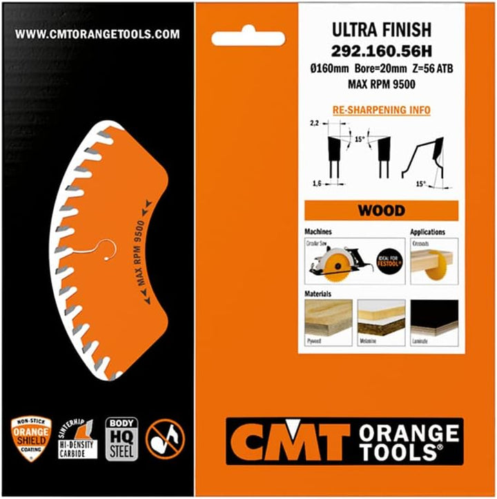CMT Orange Tools Kreissägeblatt Feinschnitt HW 160 x 2,2 / 1,6 x 20 Z=56 15° ATB - 292.160.56H - für