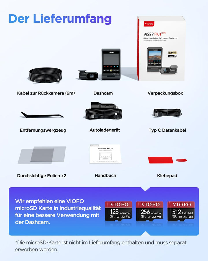 VIOFO A229 Plus 2K + 2K Dual STARVIS 2, HDR Vorne hinten Dashcam Auto, Sprachsteurung & 5GHz Wi-Fi W