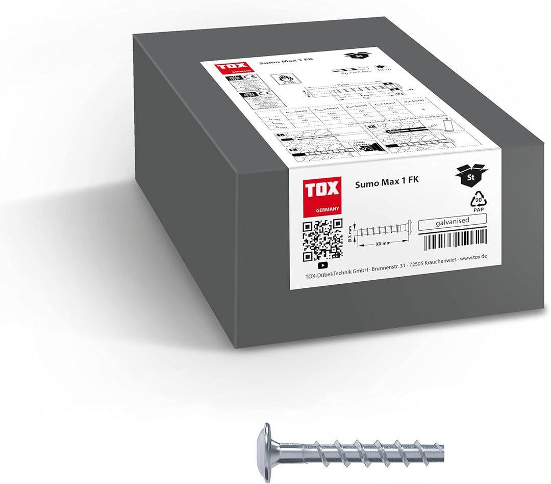 TOX Schraubanker Sumo Max 1 FK 6x40 mm, Flachkopf, Stahl verzinkt, bauaufsichtlich zugelassen für di