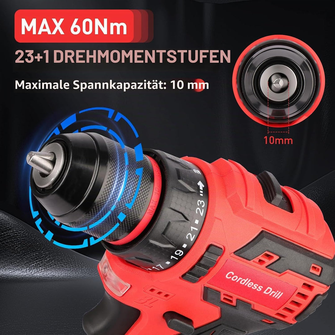 Akku-Schlagbohrmaschine, 60 Nm, 16,8 V, Elektroschrauber, 2 x 2,0 Ah, Batterien 23 + 1, 2 Geschwindi