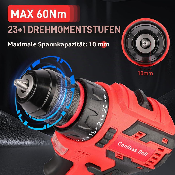 Akku-Schlagbohrmaschine, 60 Nm, 16,8 V, Elektroschrauber, 2 x 2,0 Ah, Batterien 23 + 1, 2 Geschwindi