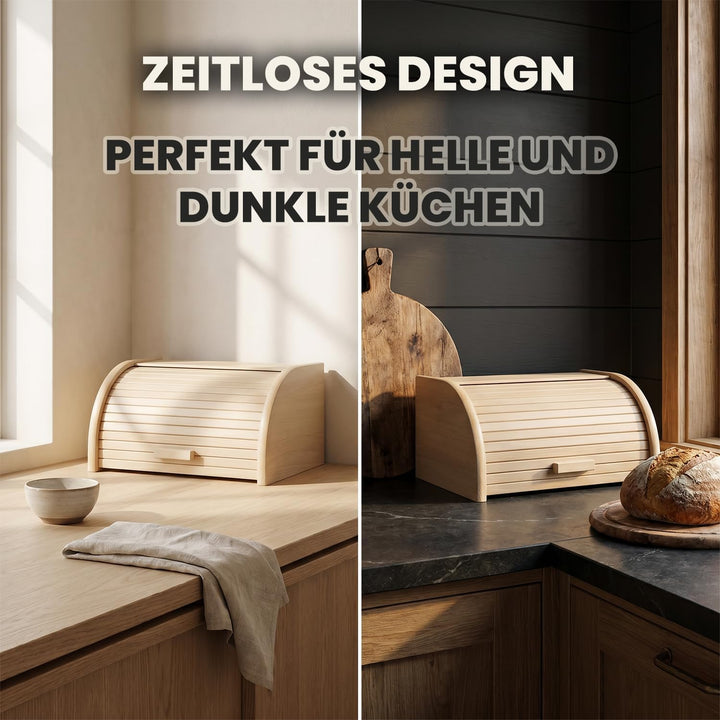 Brotkasten Holz XL mit grosser Öffnung und Rolltop - Brotbox aus Buchenholz für lang anhaltende Fris