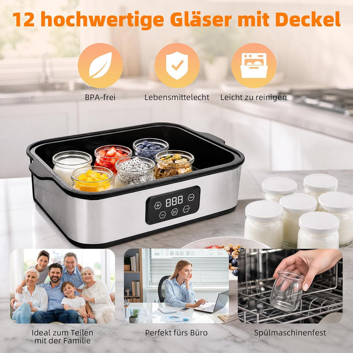Joghurtbereiter 25W inkl. 12 Gläsern à 180 ml, Joghurtmaschine mit Temperatur und LCD Display Timer,