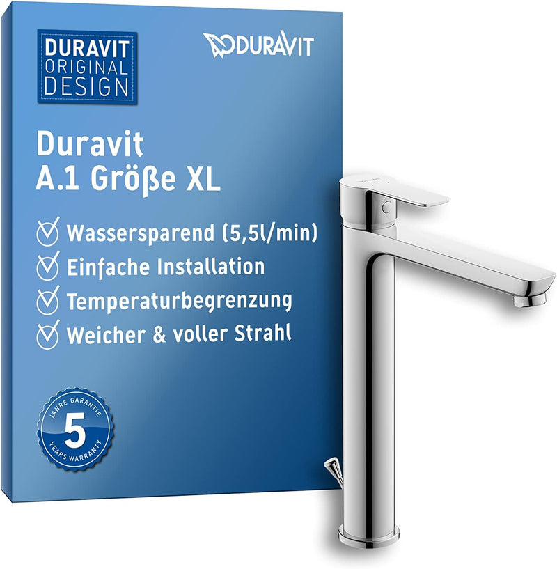 Duravit A.1 Waschtischarmatur, Grösse XL (Auslauf Höhe 237 mm), Wasserhahn Bad mit Zugstangen-Ablauf