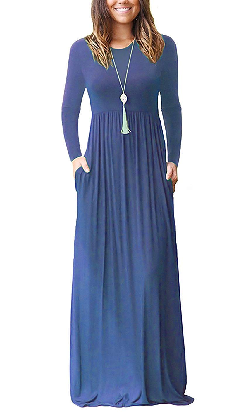 AUSELILY Damen Langarm Maxikleider Lässige Langkleider mit Taschen Winter XS Beja Blue, XS Beja Blue