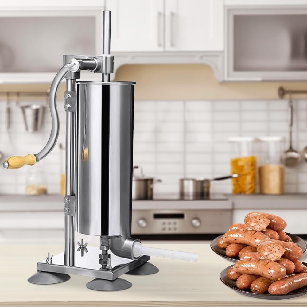 4 l Wurstfüller, aus Edelstahl, Profi-Würstmaschine, manuell, Fleischschieber mit 4 Röhren, ideal fü