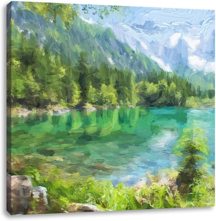 Pixxprint See umgeben vom Wald als Leinwandbild/Grösse: 70x70 cm/Wandbild/Kunstdruck/fertig bespannt
