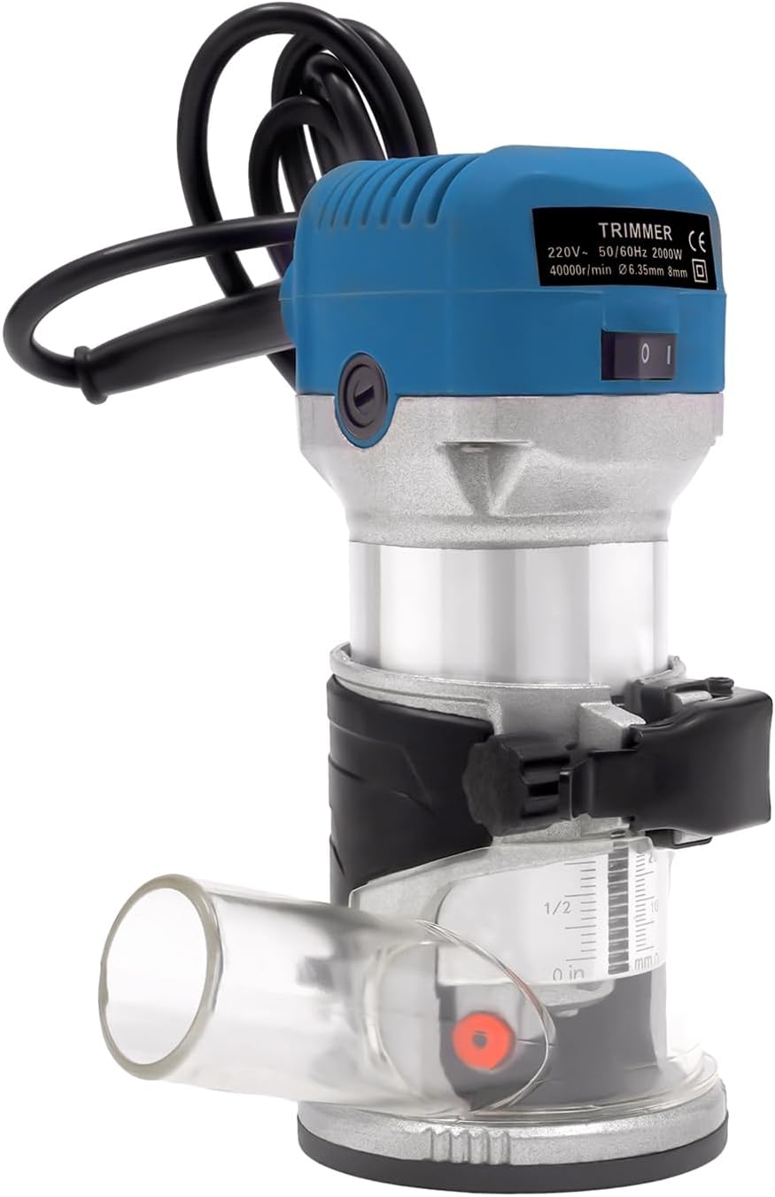 2000W Elektrischer Trimmfräser, 40.000r/min Oberfräse mit 15 Fräser-Bits Staubschutzhaube für Nuten