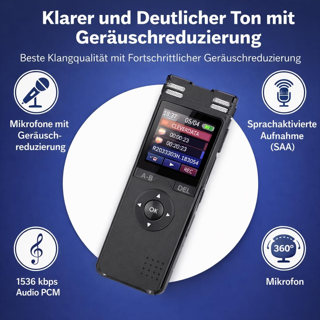 CleverTalk Diktiergerät Professionell 128GB – HD Audio PCM 1536kbps – Sprachaktivierung – Doppelmikr