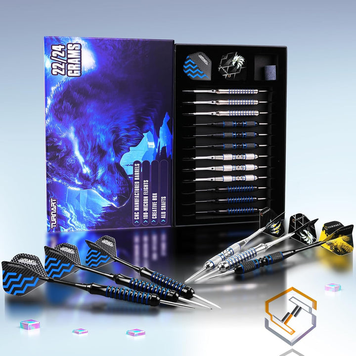 Turnart Dartpfeile mit Metallspitze, 12 Stück Profi Steeldarts mit Dart Case Blau -A, Blau -A
