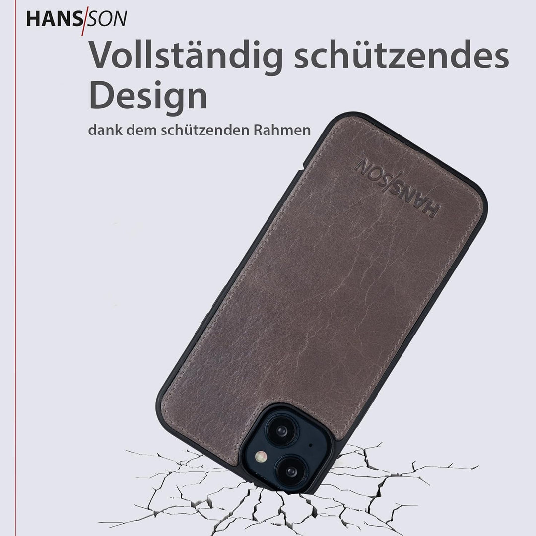 HANS/SON Echtlederhülle in Grau | iPhone 13 Pro Ledercase | Schutz vor Stürzen und Stössen | Magsafe