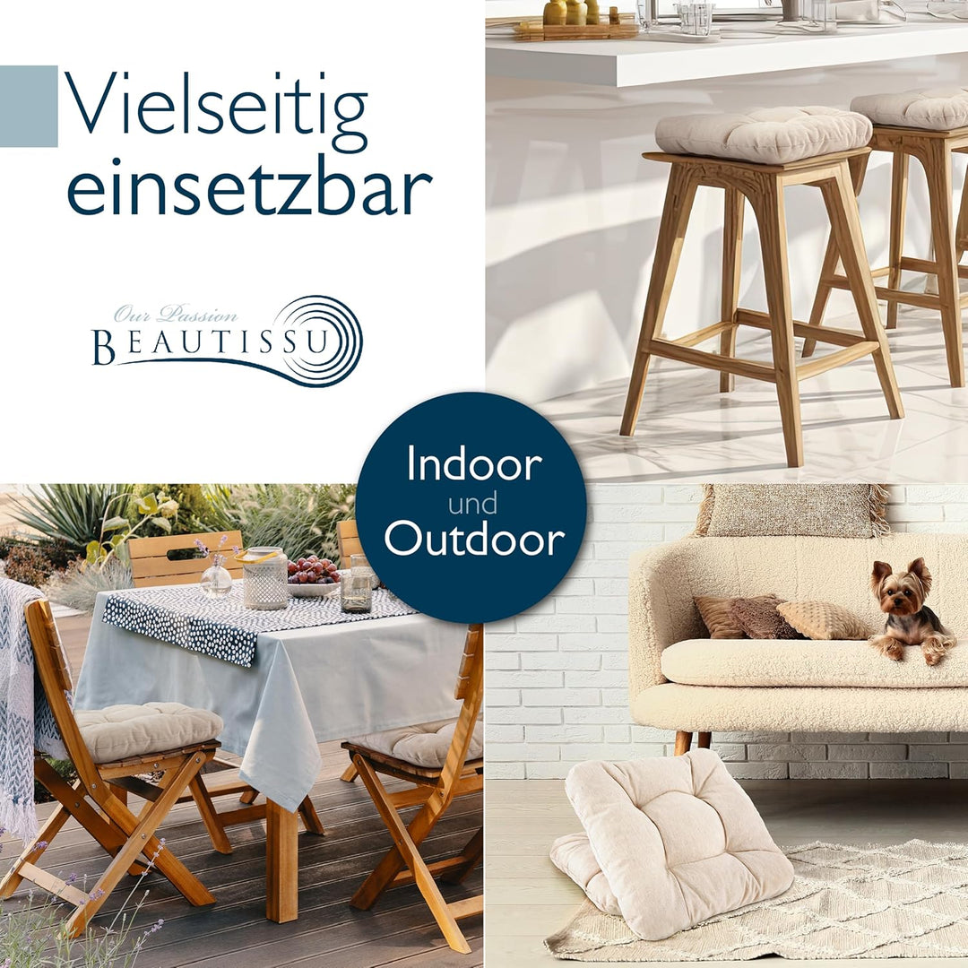 Beautissu 4er Set Premium Stuhlkissen 40x40 cm Natur – UV-beständig &amp; Robust Sitzkissen Outdoor 8 cm