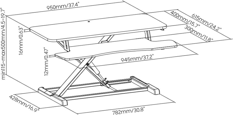 Toboli Schreibtischaufsatz mit Tastaturablage 95x40cm höhenverstellbarer Steh-Sitz-Pult für Laptops