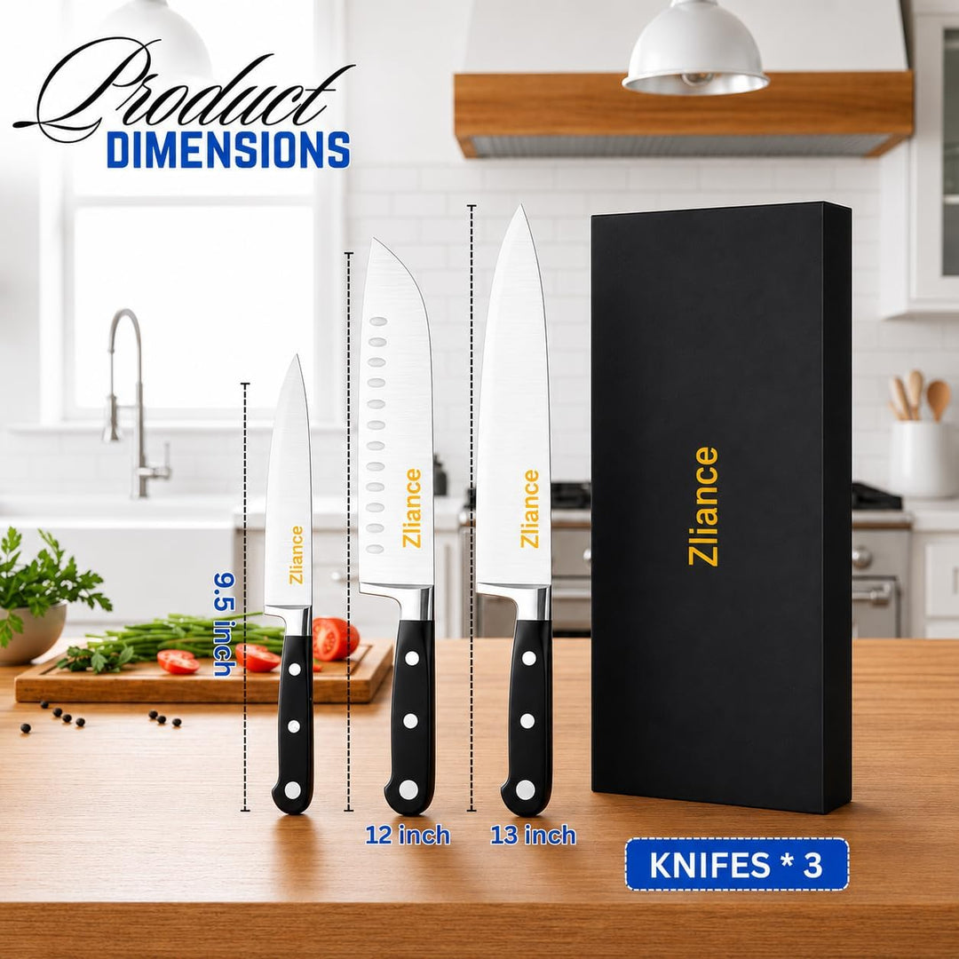 Messerset 3-teilig, japanischer High-Carbon Edelstahl, Ultra-Scharf, 20cm Kochmesser, 18cm Santoku,