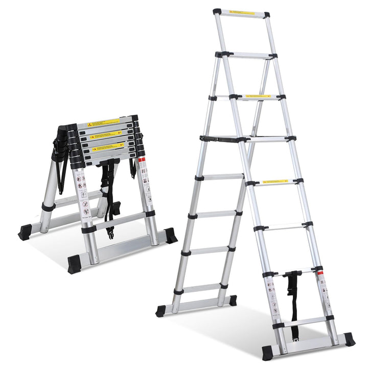 Fiqops 2+2.3M Klappleiter Teleskopleiter, A-Rahmen 6+7 Sprossen Aluminiumleiter, Rutschfester Alulei
