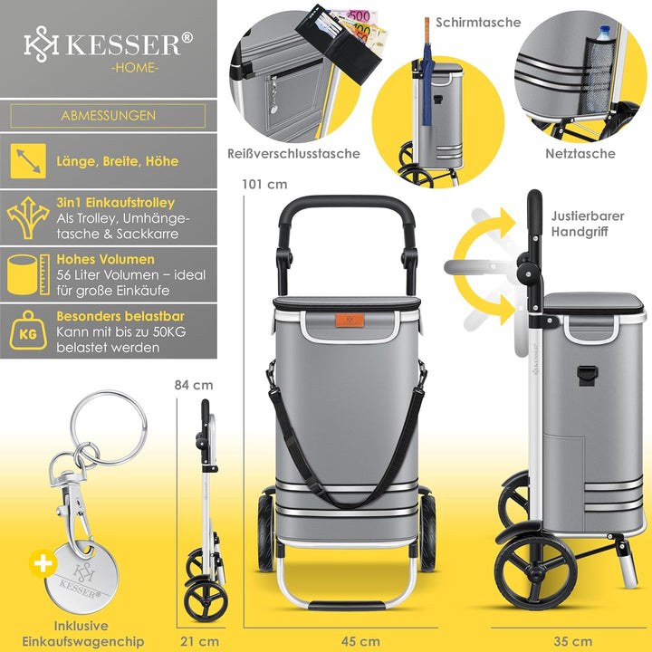 KESSER® Einkaufstrolley klappbar mit 56L Kapazität und belastbar bis 50kg | 3in1 Trolley Sackkarre &