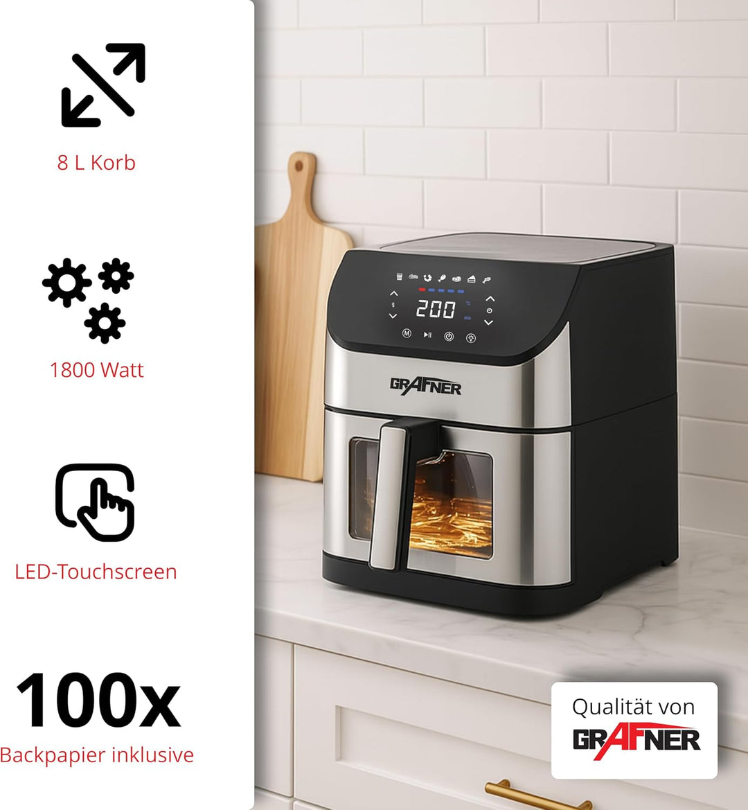 Grafner XXL Digitale Heissluftfritteuse 8 L, 100x Backpapier, LED Touchscreen, 7 Programme, 1800 Wat