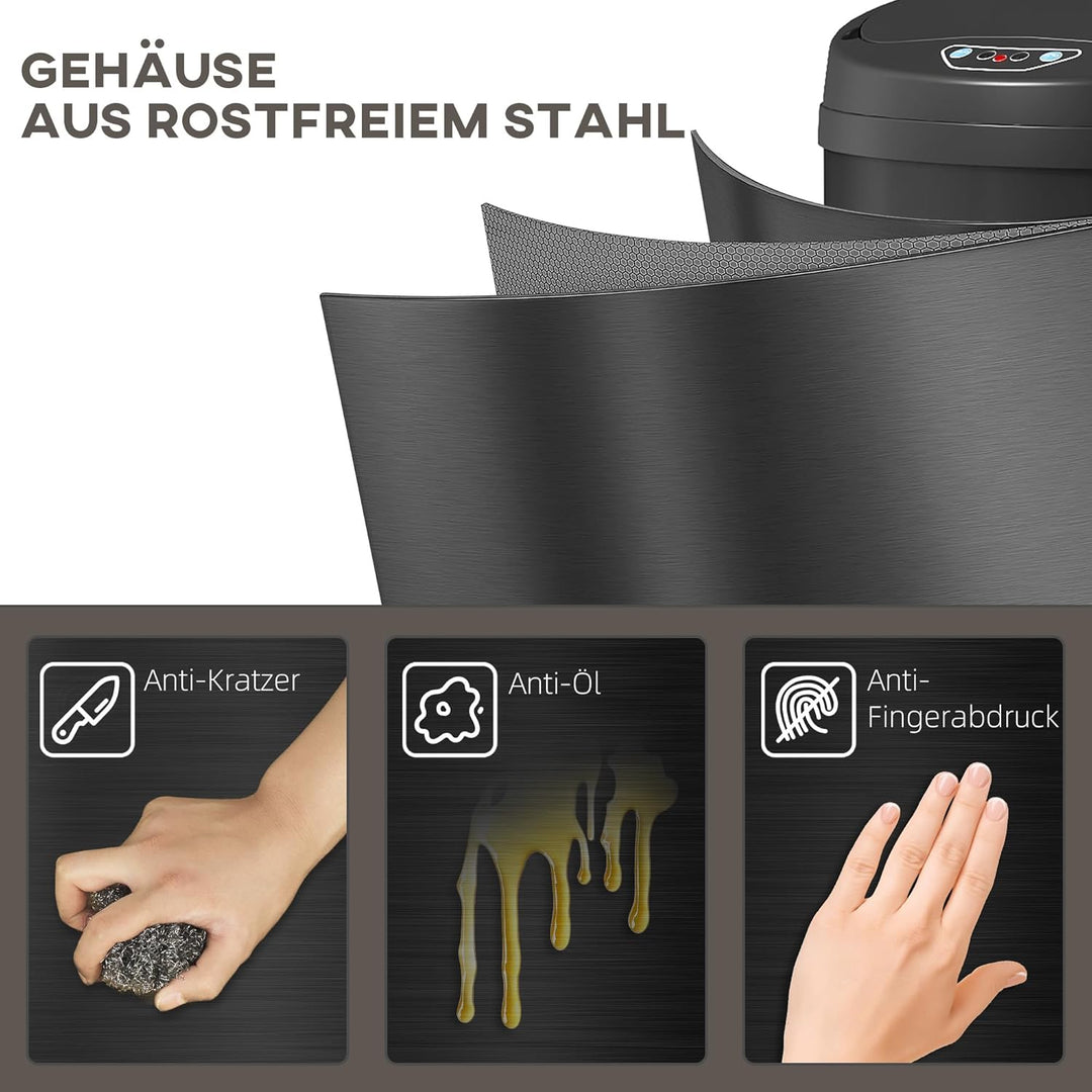 HOMCOM Mülleimer mit Sensor 30L Edelstahl Automatischer Leiser Mülleimer mit Soft-Close-Deckel, Bewe