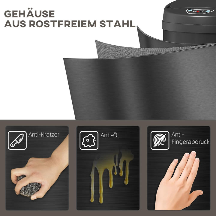 HOMCOM Mülleimer mit Sensor 30L Edelstahl Automatischer Leiser Mülleimer mit Soft-Close-Deckel, Bewe