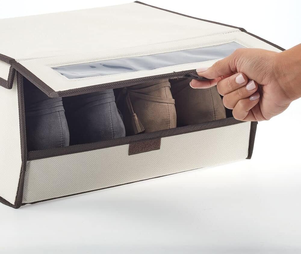 mDesign Schuhbox aus Stoff (2 Stück) - Stapelbare Aufbewahrungsbox mit Bullauge, Reissverschluss und