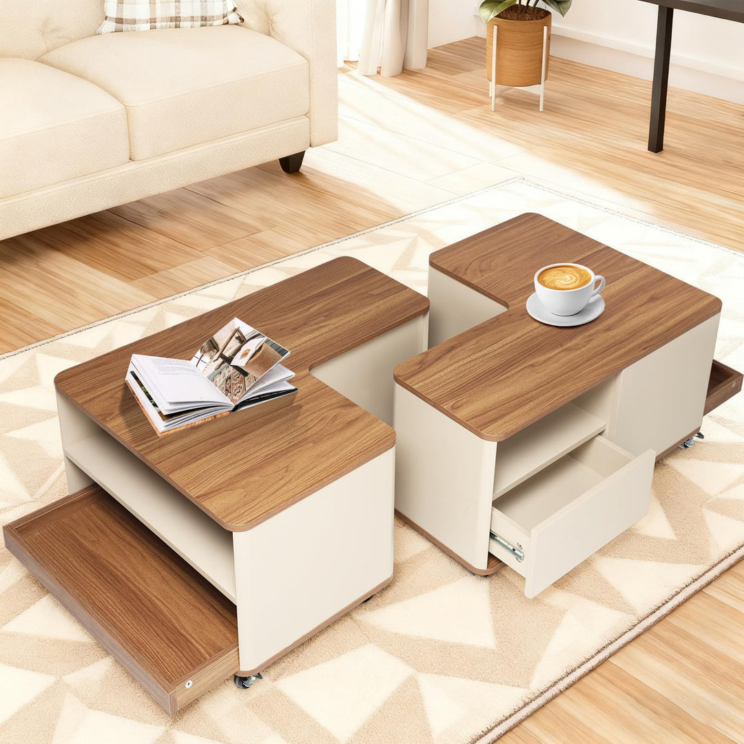 Couchtisch mit Rollen, Wohnzimmertisch Holz mit 2 Schublade, Frei Arrangiert, Ausgefallene Couchtisc
