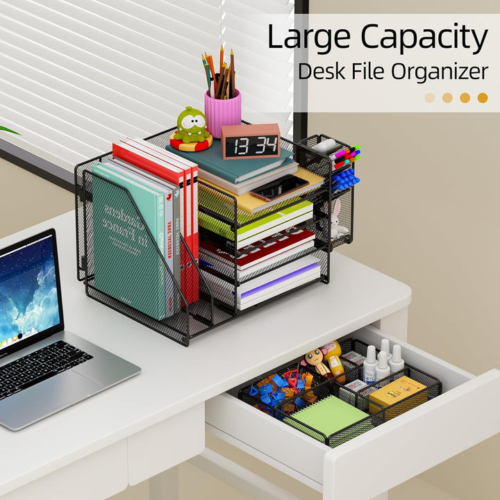 Schreibtisch Organizer mit Aktenhalter - 5-Tier Briefablage Ablagefächer mitSchublade,4 Stithalter,