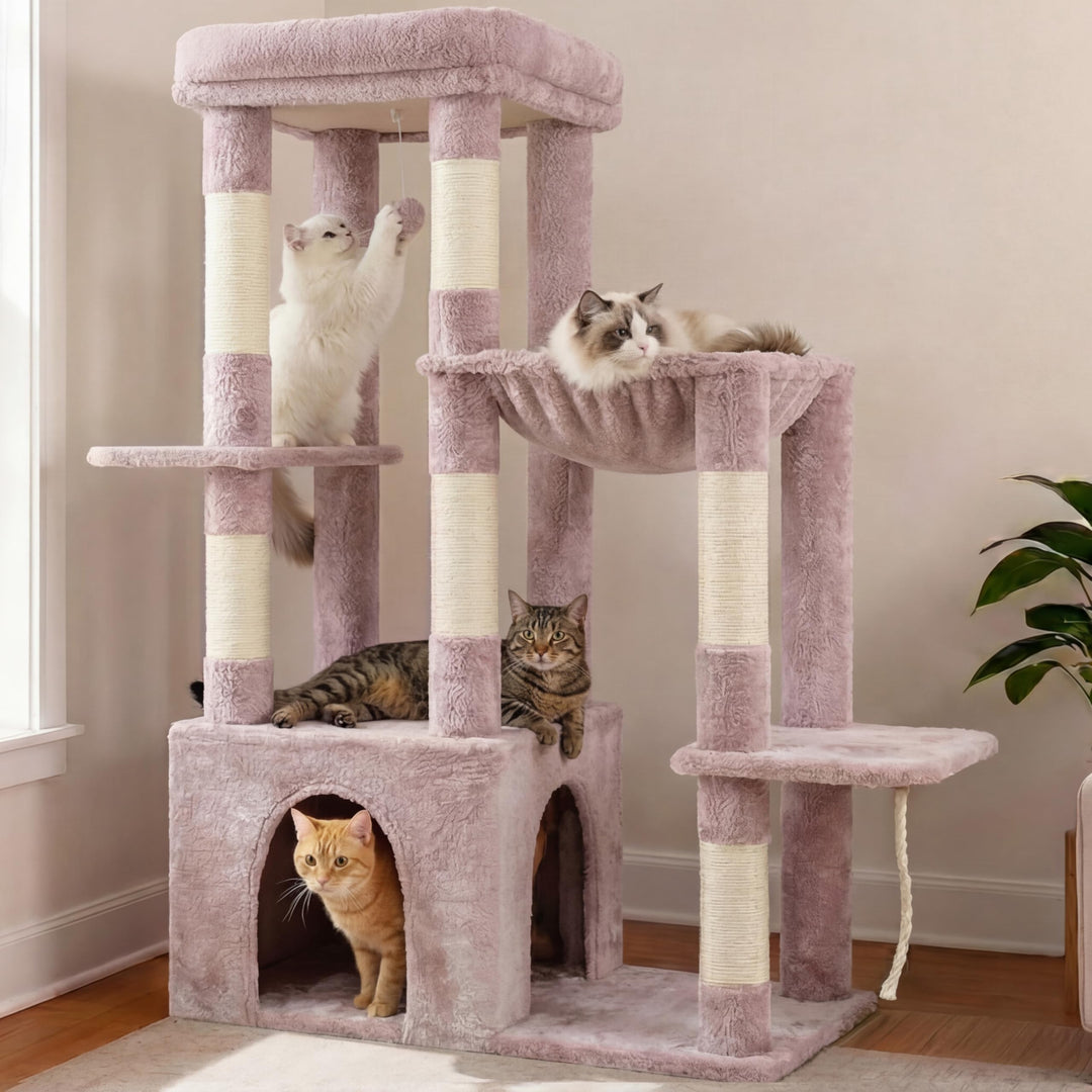 Heybly Kratzbaum 120cm - Grosser Katzenbaum für Erwachsene Katzen mit XL-Basis, Katzenwohnung mit Me