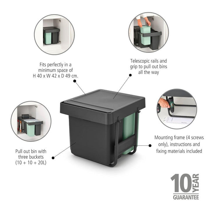 Brabantia Sort & Go Ausziehmülleimer | 10+10+20 l Einbaumülleimer für die Unterschranktür | Integrie