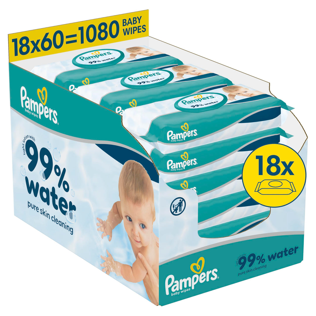 Pampers 99% Water Baby-Feuchttücher, 18 Packungen mit 60 Feuchttüchern = 1080 Baby-Feuchttücher, lei