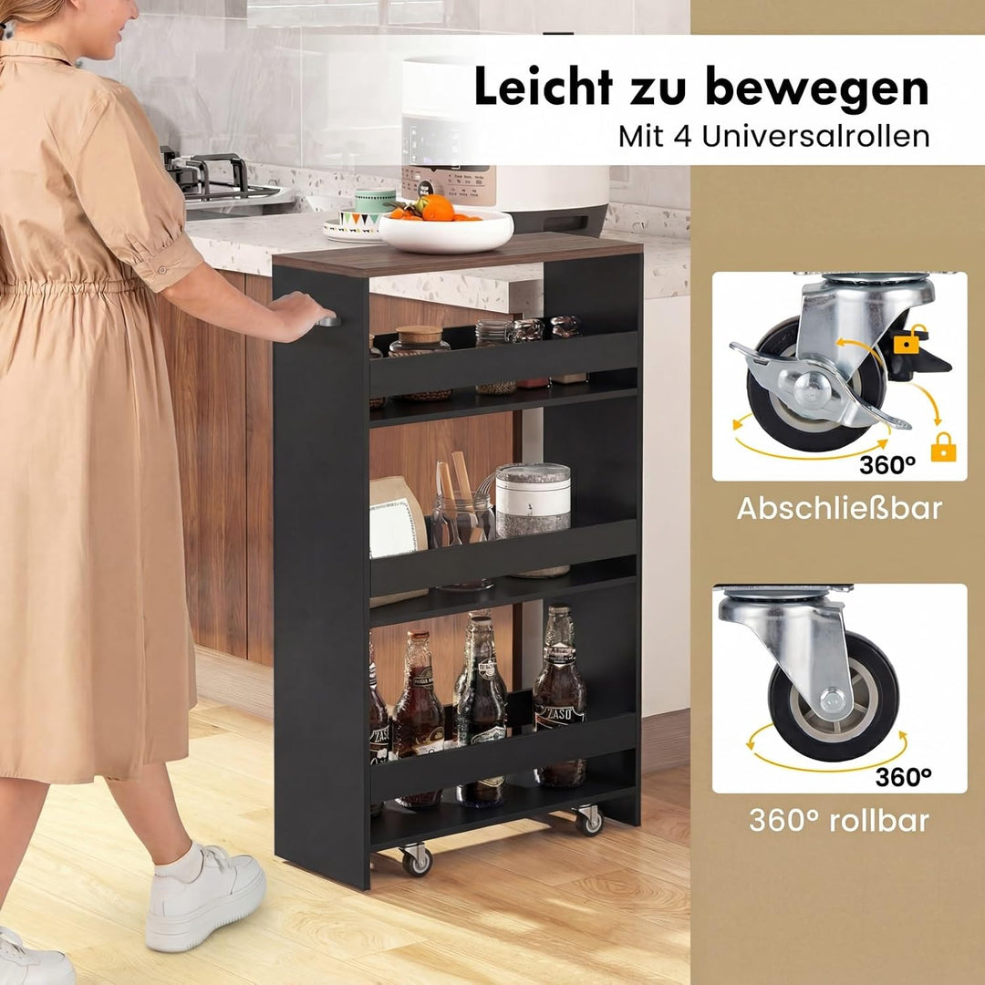 COSTWAY Nischenwagen 20cm breit, 4 Etagen Küchenwagen schmal, Nischenregal auf Rollen, Servierwagen
