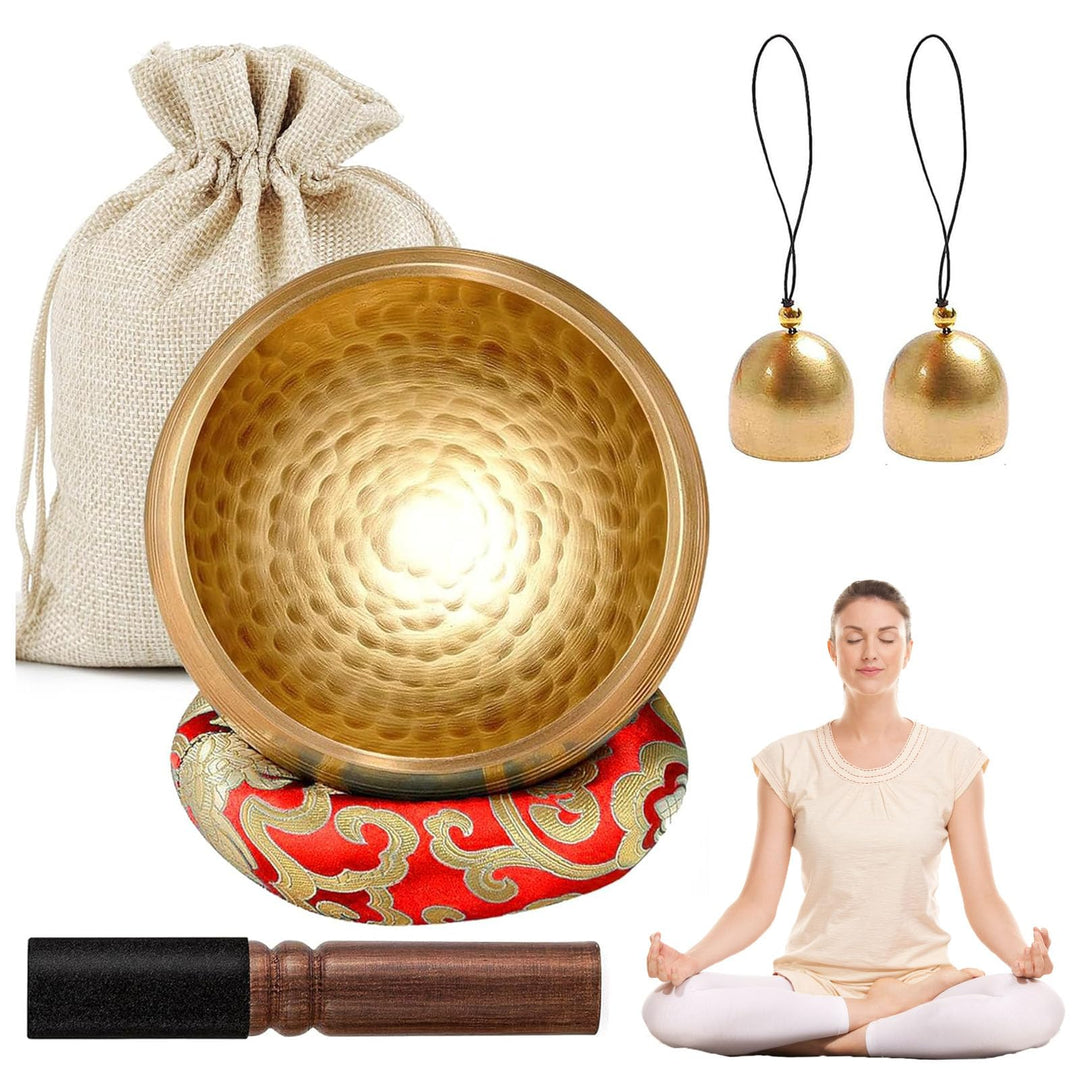 Tibetisches Klangschalen-Set, Meditationsklangschale aus Messing, 8,6 cm Durchmesser,wird mit hölzer