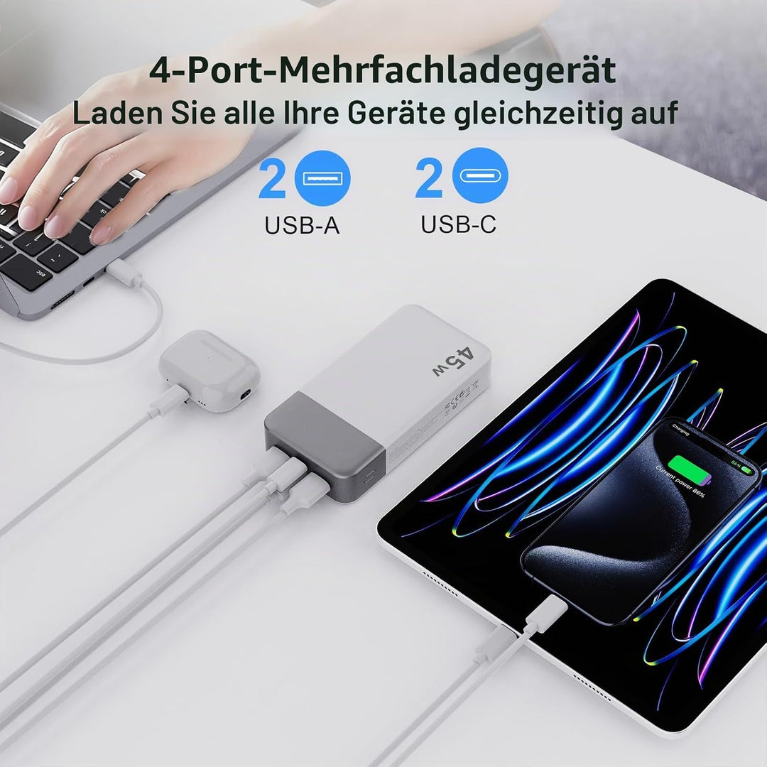 NOBIS 45W Power Bank Powerbank 20000mAh Schnellladung, 2×USB‑C (in/Out) &amp; 2×USB‑A, Digitalanzeige &amp;