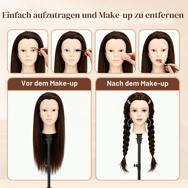 Yofuly 24Zoll / 61cm Frisierkopf mit Ohrlöchern, 80% Echthaar Übungskopf, Make-up Frisieren Training