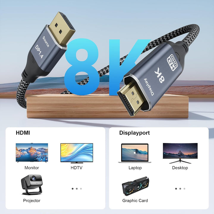 8K DisplayPort 1.4 zu HDMI 2.1 Kabel 2M, 8K@60Hz 4K@120Hz 2K@240Hz, HDR, Nur von DP zu HDMI Für NVID