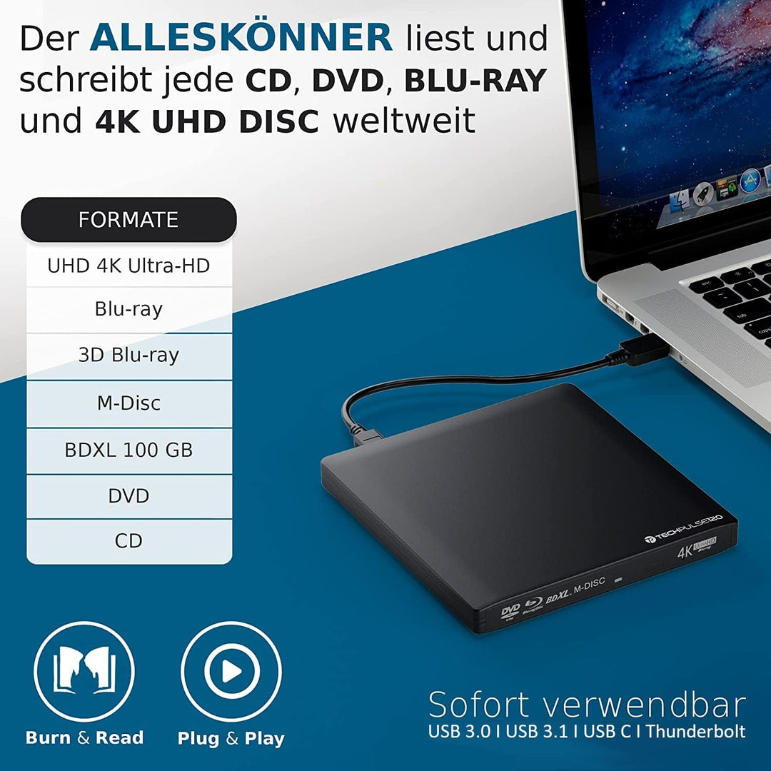 techPulse120 Externes USB 3.1 USB-C UHD 4k 3D M-DISC Blu-ray DVD CD BDXL HDR10 100GB Laufwerk Brenne